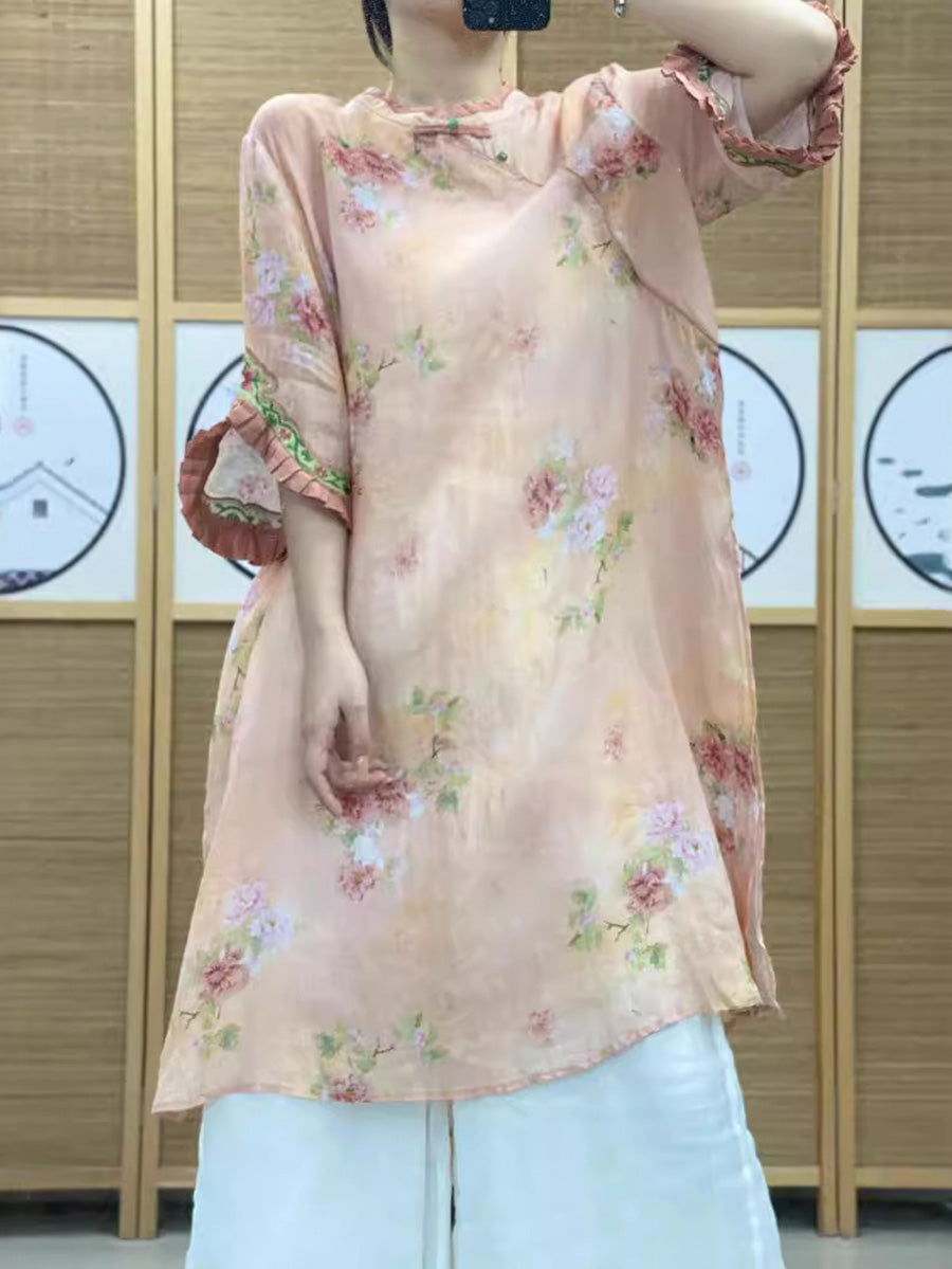 Summer Floral Spliced Split Hem Ramie Long Tops Half Sleeve