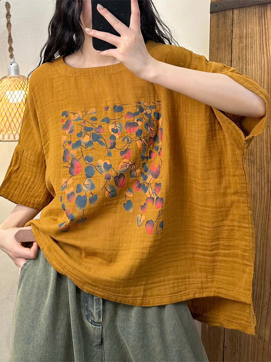 Women Yellow Casual Leaf Print O-neck Cotton Tops