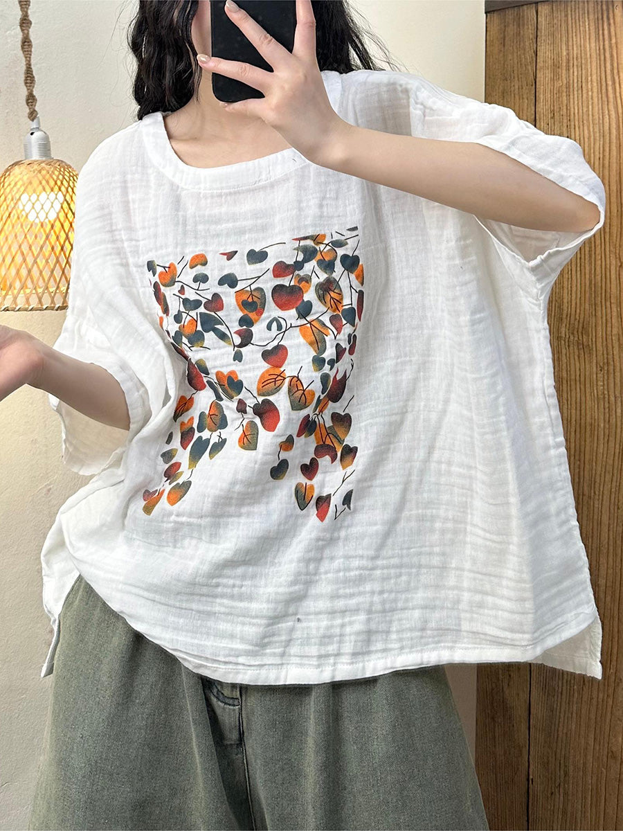 Women Yellow Casual Leaf Print O-neck Cotton Tops