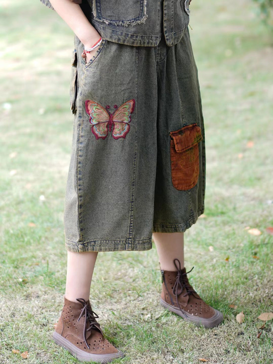 Vintage Butterfly Embroidery Spliced Denim Pants