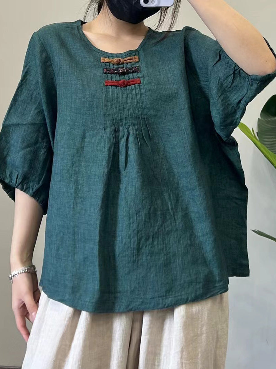 Summer Vintage Solid Buckle Linen Tops Half Sleeve