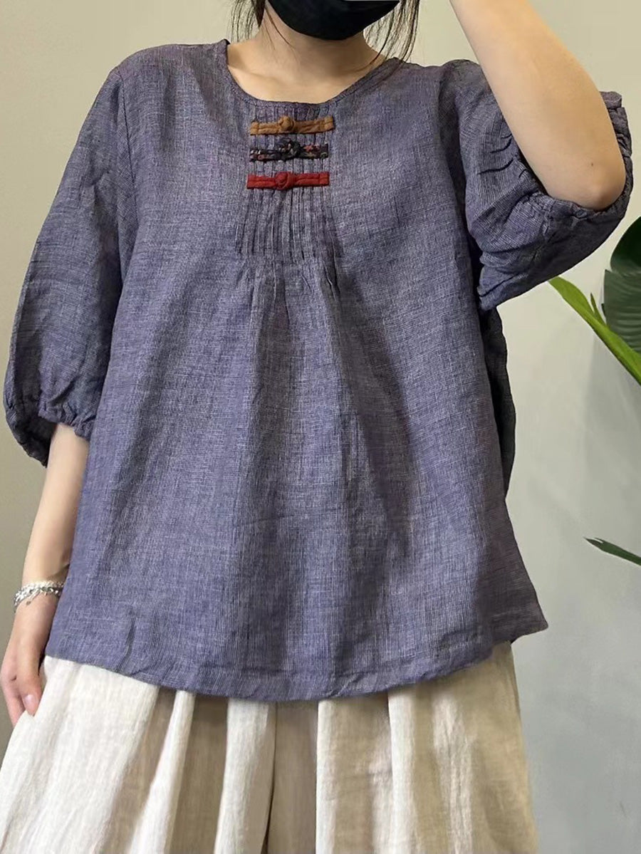 Summer Vintage Solid Buckle Linen Tops Half Sleeve