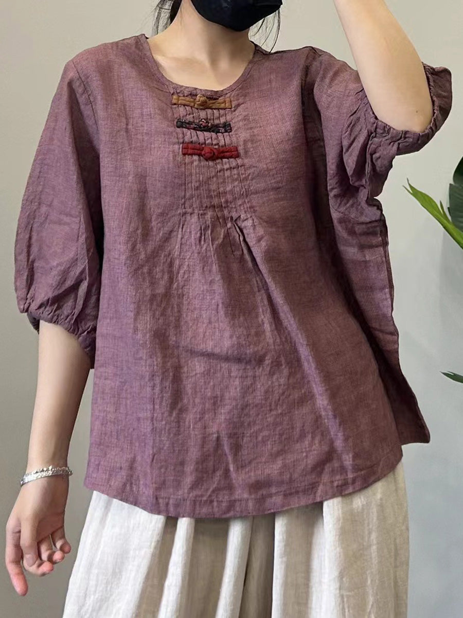 Summer Vintage Solid Buckle Linen Tops Half Sleeve