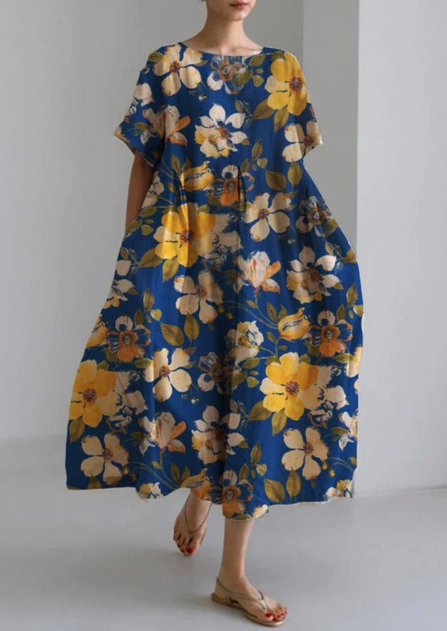 Blue Yellow Flower Cotton Dresses Pockets Patchwork Summer