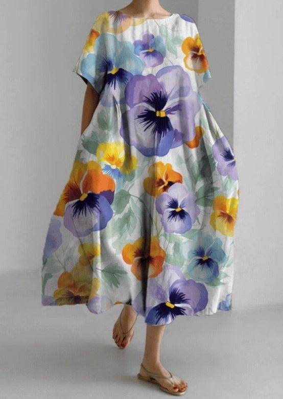 Orange Purple Flower Cotton Dresses Pockets Patchwork Summer