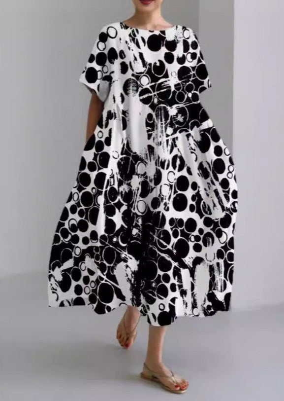 Black White Dot Cotton Dresses Pockets Patchwork Summer