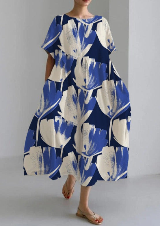 Blue White Print Cotton Dresses Pockets Patchwork Summer