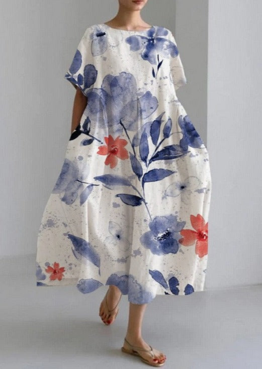 Blue Floral Print Cotton Dresses Pockets Patchwork Summer