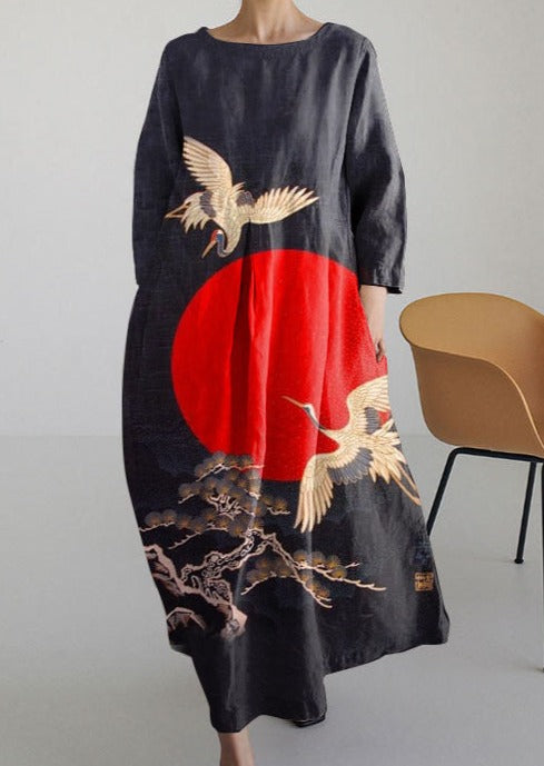 Black Pine Crane Cotton Dresses Pockets Patchwork Summer