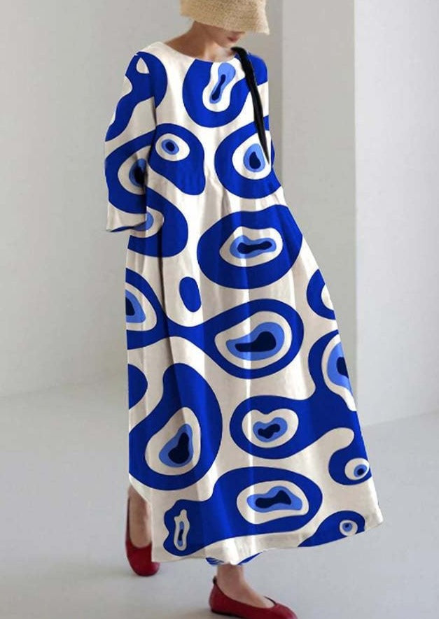 Blue Circle Print Cotton Dresses Pockets Patchwork Summer