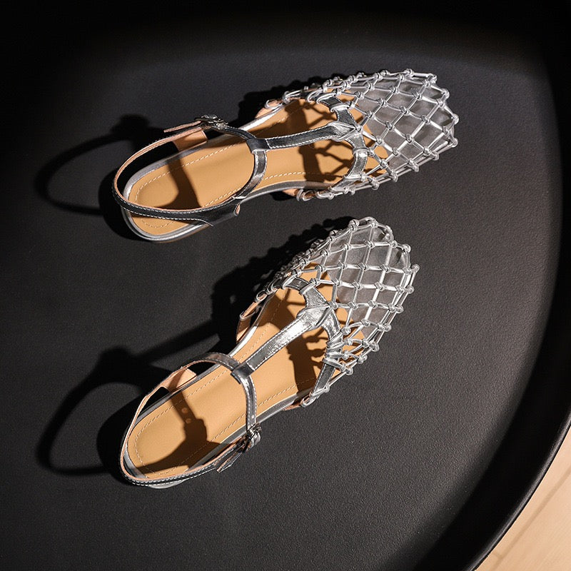 New French Hollow Out Buckle Strap Silver Sandals