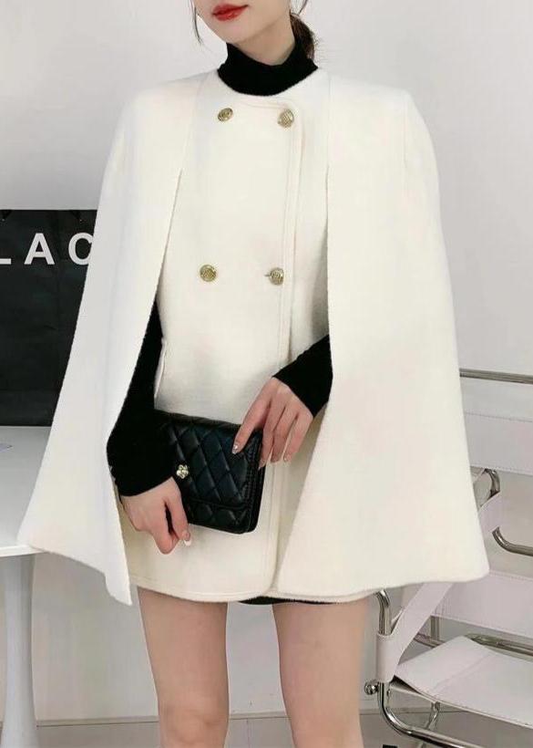 Elegant White O-Neck Knit Patchwork Cape And Woolen Coats Two Piece Set