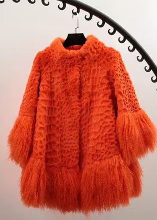 Women Orange Fluffy Patchwork Wool Coat Winter