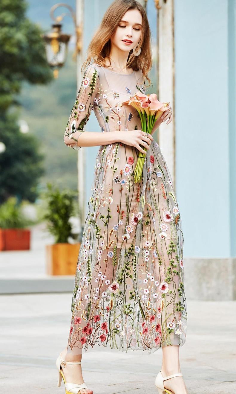 Retro Holiday Beach Maxi Dress Embroidery Mesh Dress