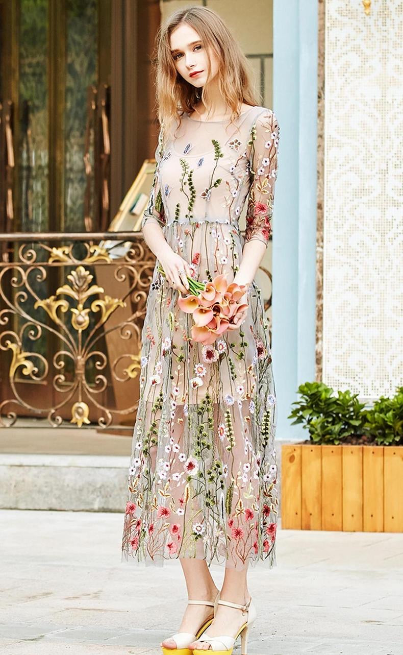 Retro Holiday Beach Maxi Dress Embroidery Mesh Dress