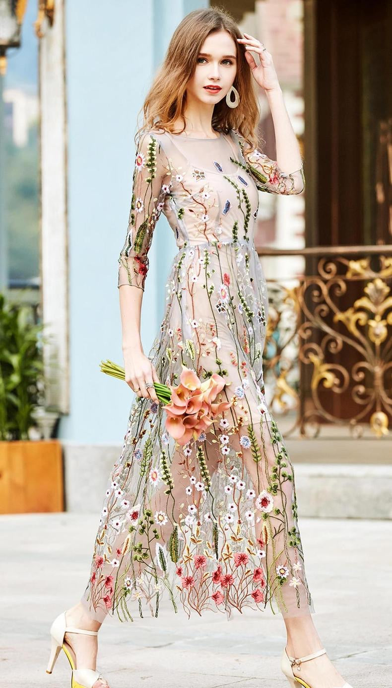 Retro Holiday Beach Maxi Dress Embroidery Mesh Dress