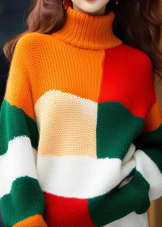 2025 New Colorblock Hign Neck Knit Sweater Tops Spring