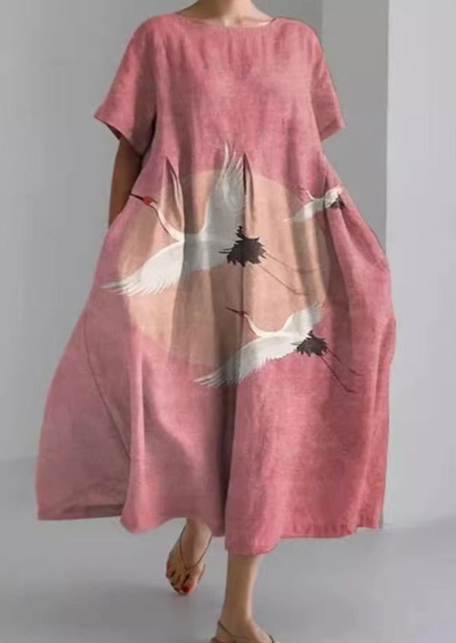 Pink Crane Dresses Pockets Patchwork Summer