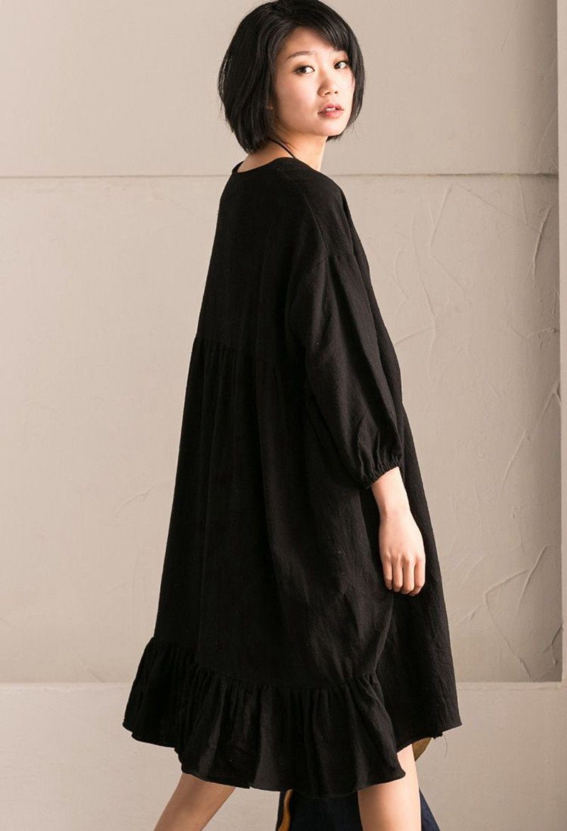 Black Korean Style Cotton Linen Bat Sleeve Round Neck Loose Dress