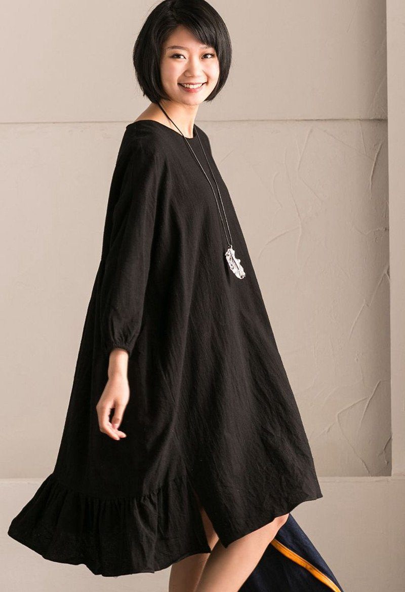 Black Korean Style Cotton Linen Bat Sleeve Round Neck Loose Dress