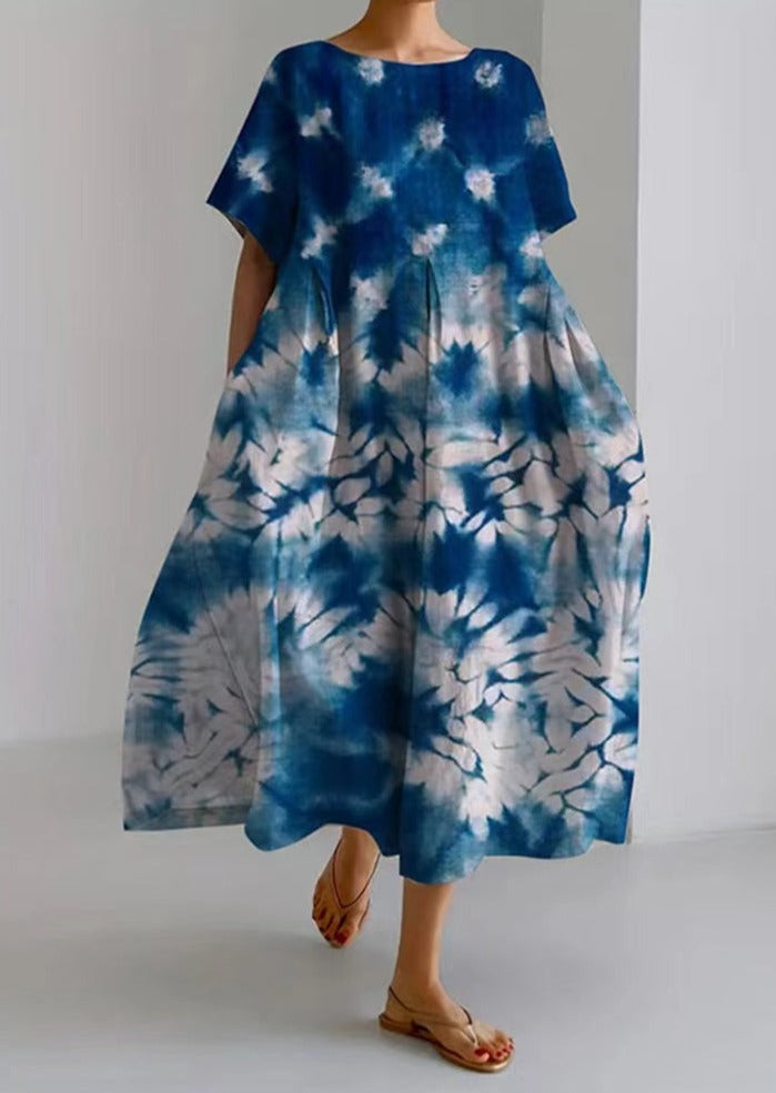 Blue White Cotton Dresses Pockets Patchwork Summer