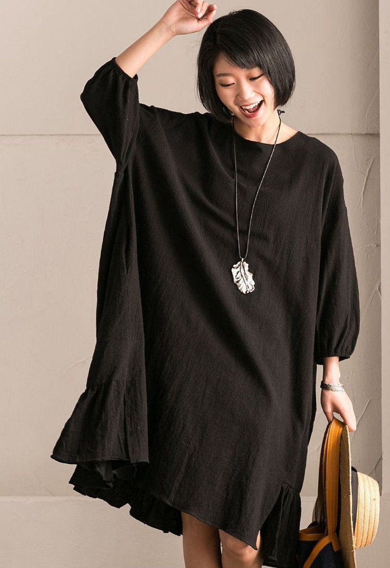 Black Korean Style Cotton Linen Bat Sleeve Round Neck Loose Dress