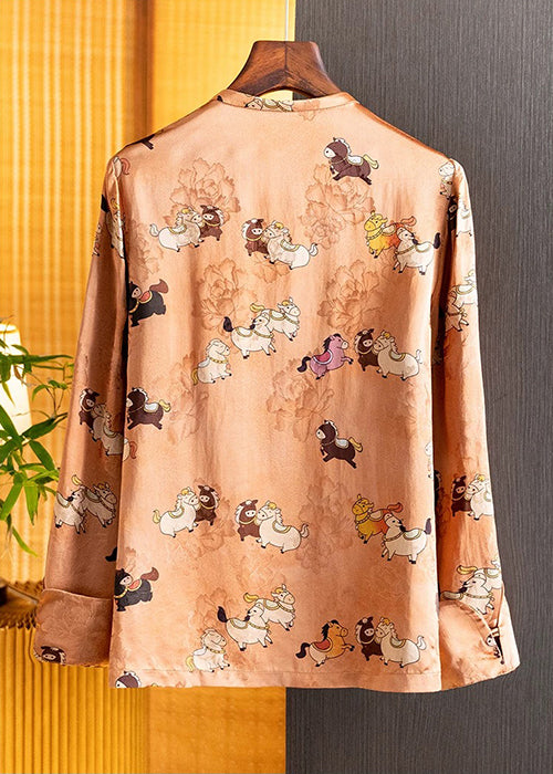 Orange Retro Jacquard Thin Jacket Casual Printed Fall Top Long Sleeve