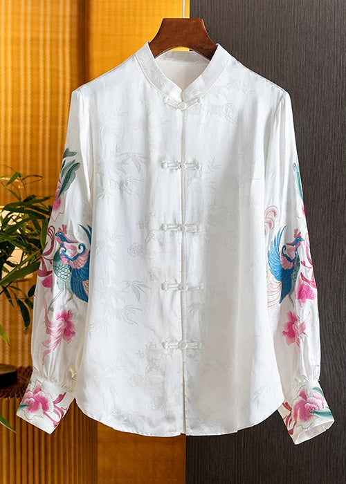 Vintage White Flower Embroidered Shirt Top Long Sleeve Fall