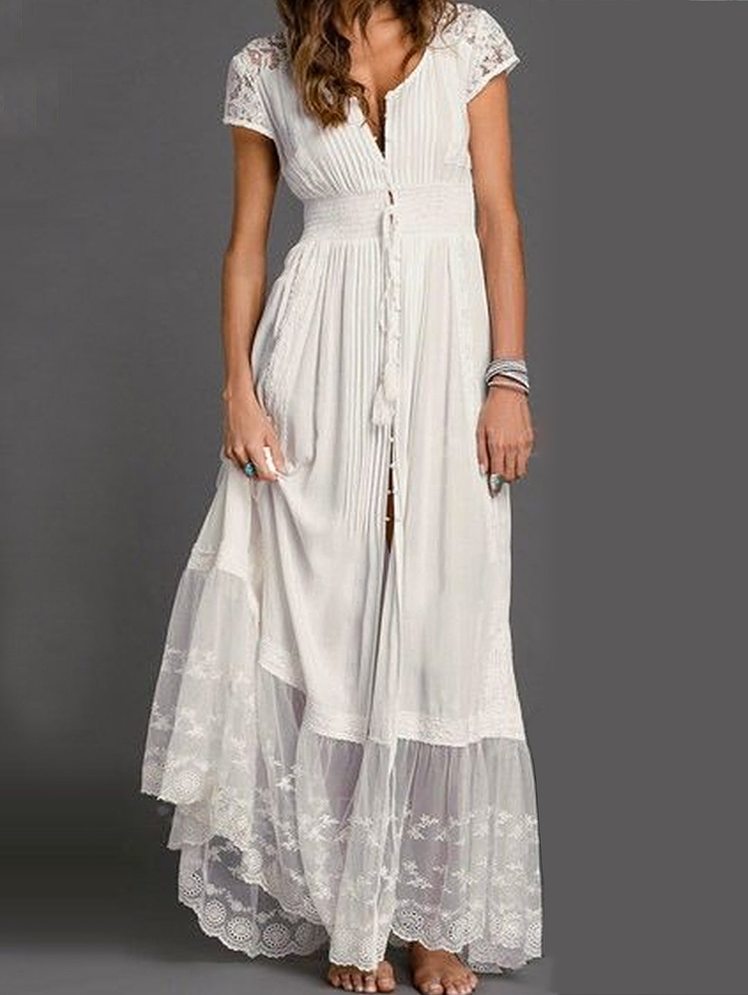 Lace Splicing Fringe Pleated Maxi Dress Short Sleeve