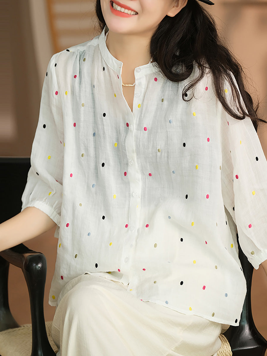 Summer Artsy Colorful Dot Button-up Ramie Shirt