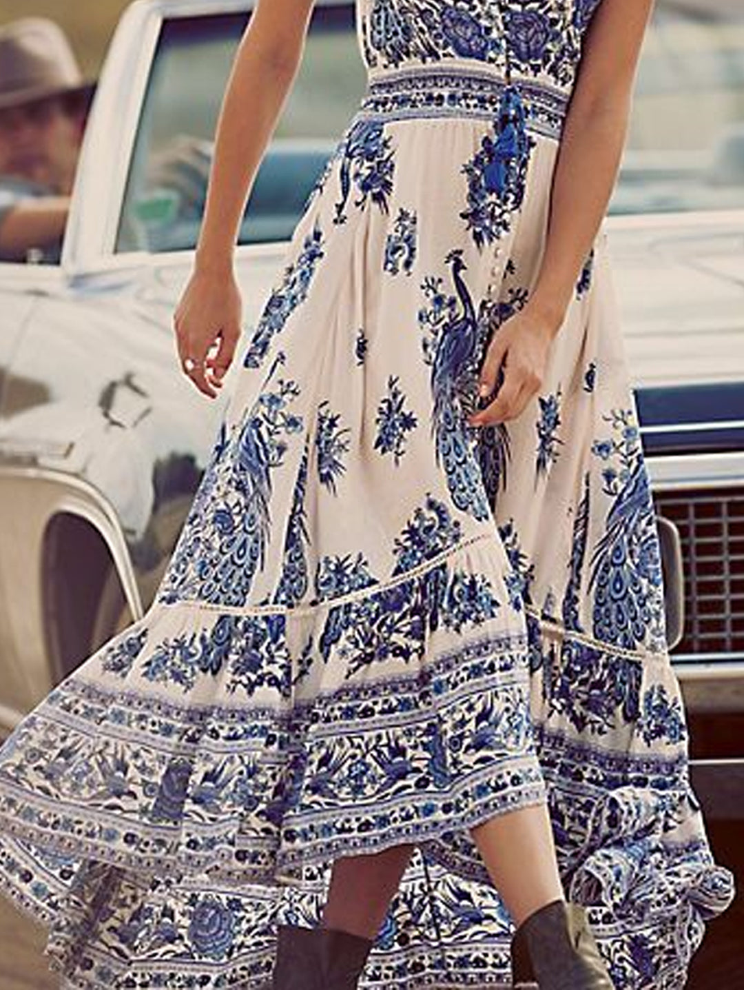 White Peacock Floral Print Maxi Dress Cap Sleeve