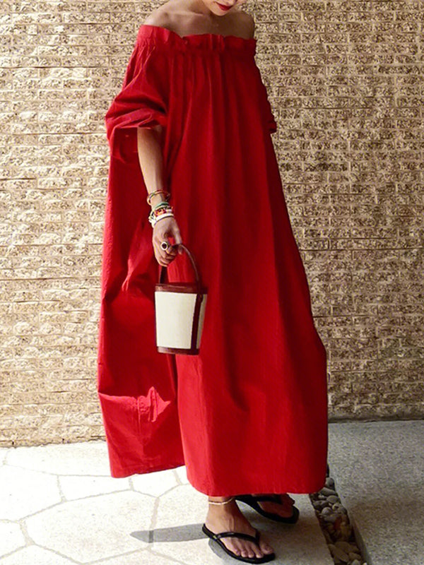 Red Half Sleeves Elasticity Pleated Off-The-Shoulder Maxi Dresses