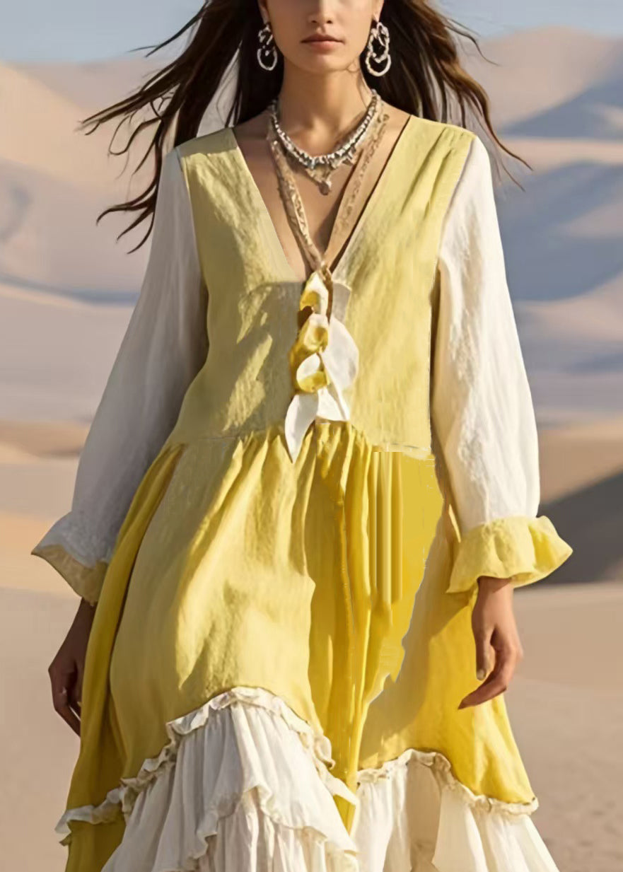 Handmade Yellow Ruffled Patchwork Cotton Long Dress Fall