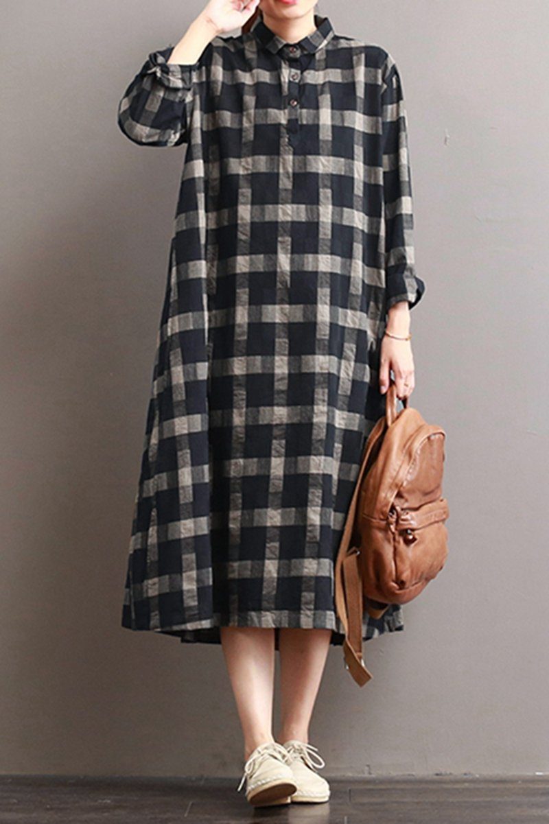 Linen Plaid Casual Loose Shirt Dress Casual Women Dress