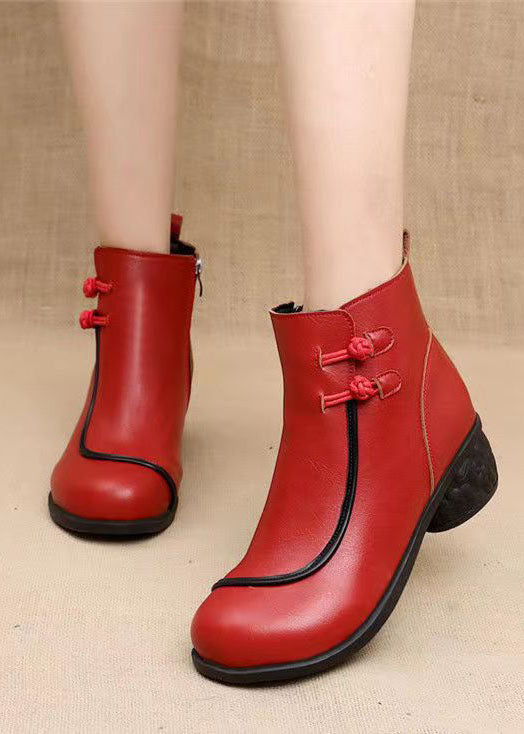 Red Ankle Boots Chunky Cowhide Leather Boutique Splicing Warm Fleece