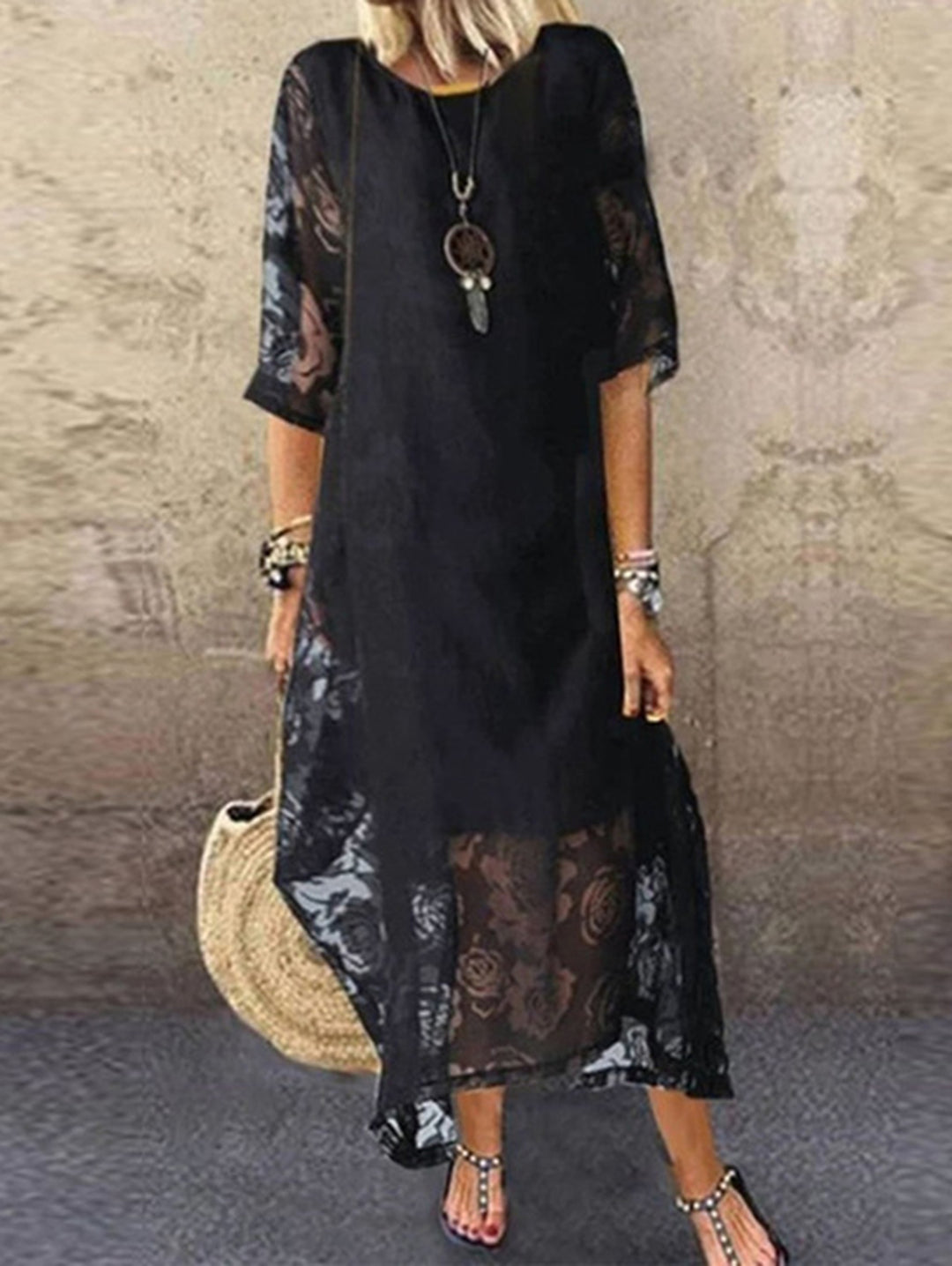 White Crew Neck Lace Splicing Maxi Dress Half Sleeve