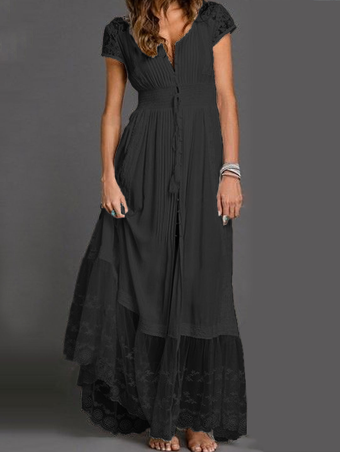 Lace Splicing Fringe Pleated Maxi Dress Short Sleeve