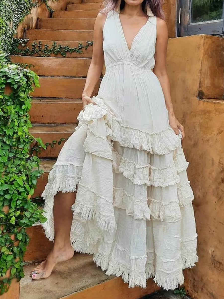 Casual White Tiered Ruffle Fringe Solid Maxi Dress