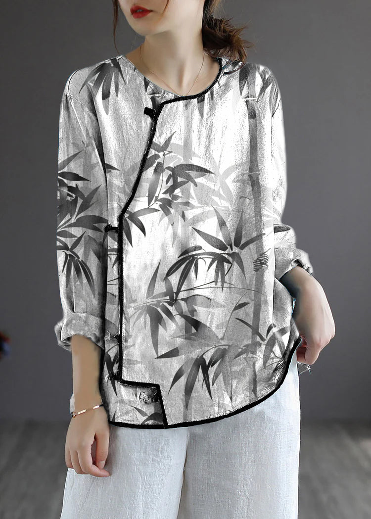 White Bamboo Loose Linen Shirt Tops Embroidered Long Sleeve