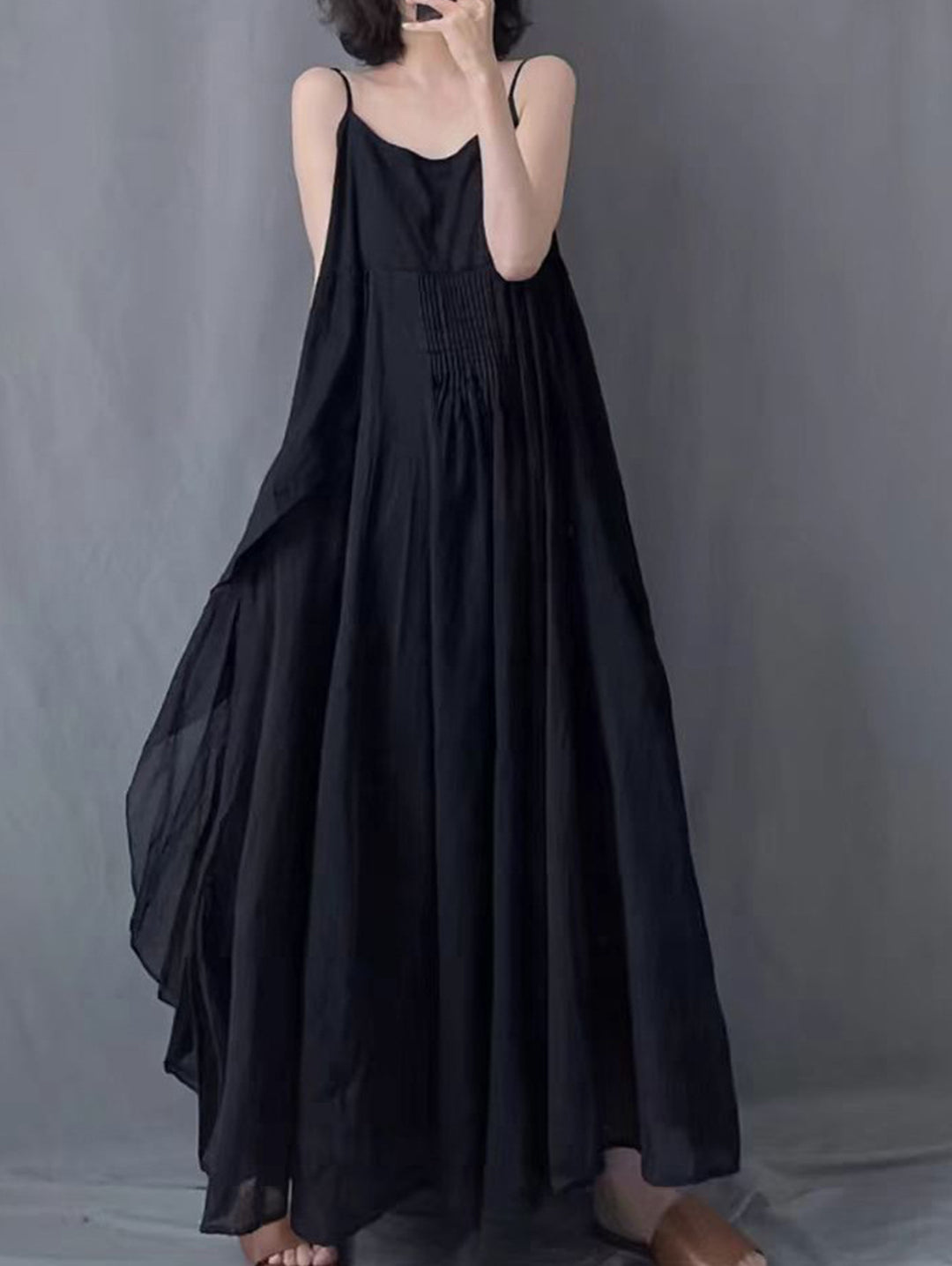 Black Pleated Irregular Suspender Maxi Dress Sleeveless