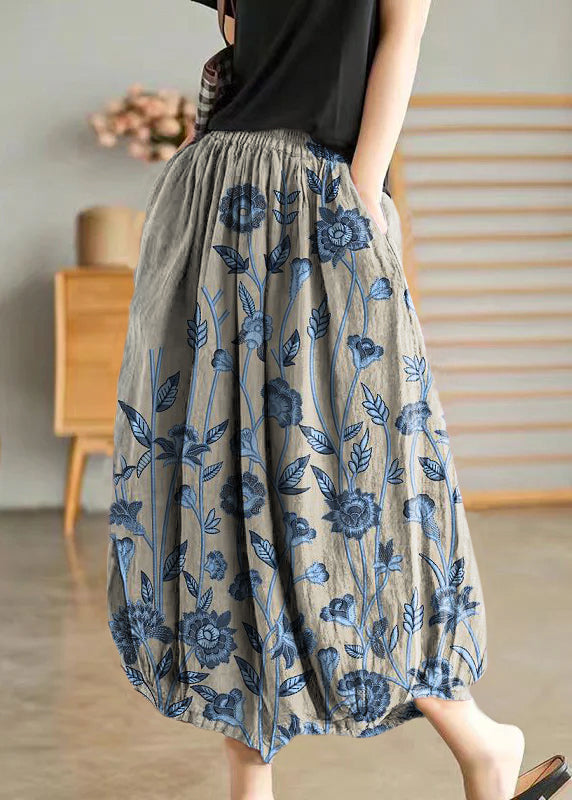 Gray Flowers Elastic Waist Linen Wide Leg Pants