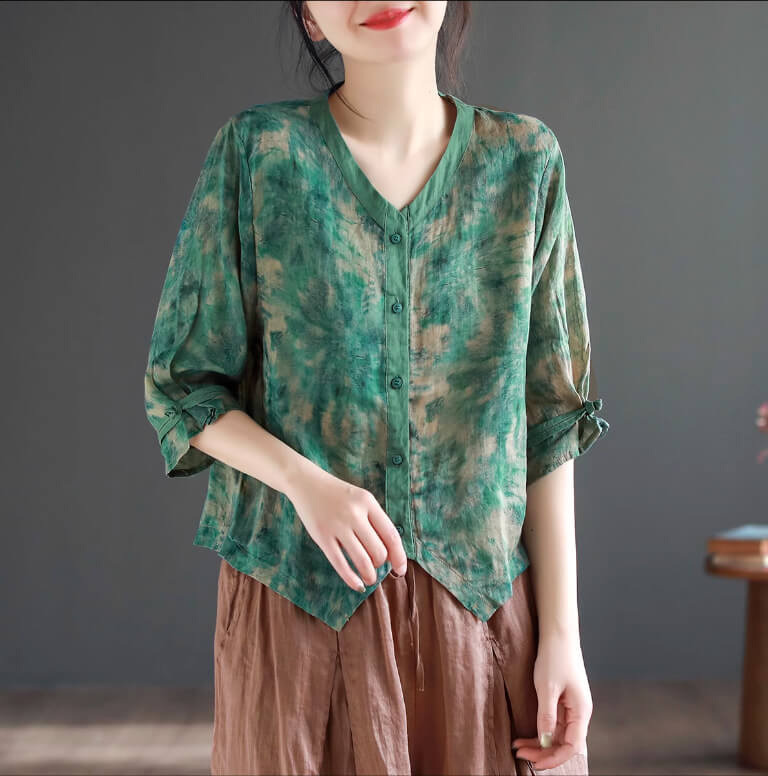 Summer Casual Ink Art Ramie Relaxed Shirt