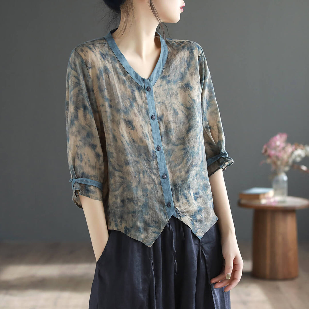 Summer Casual Ink Art Ramie Relaxed Shirt