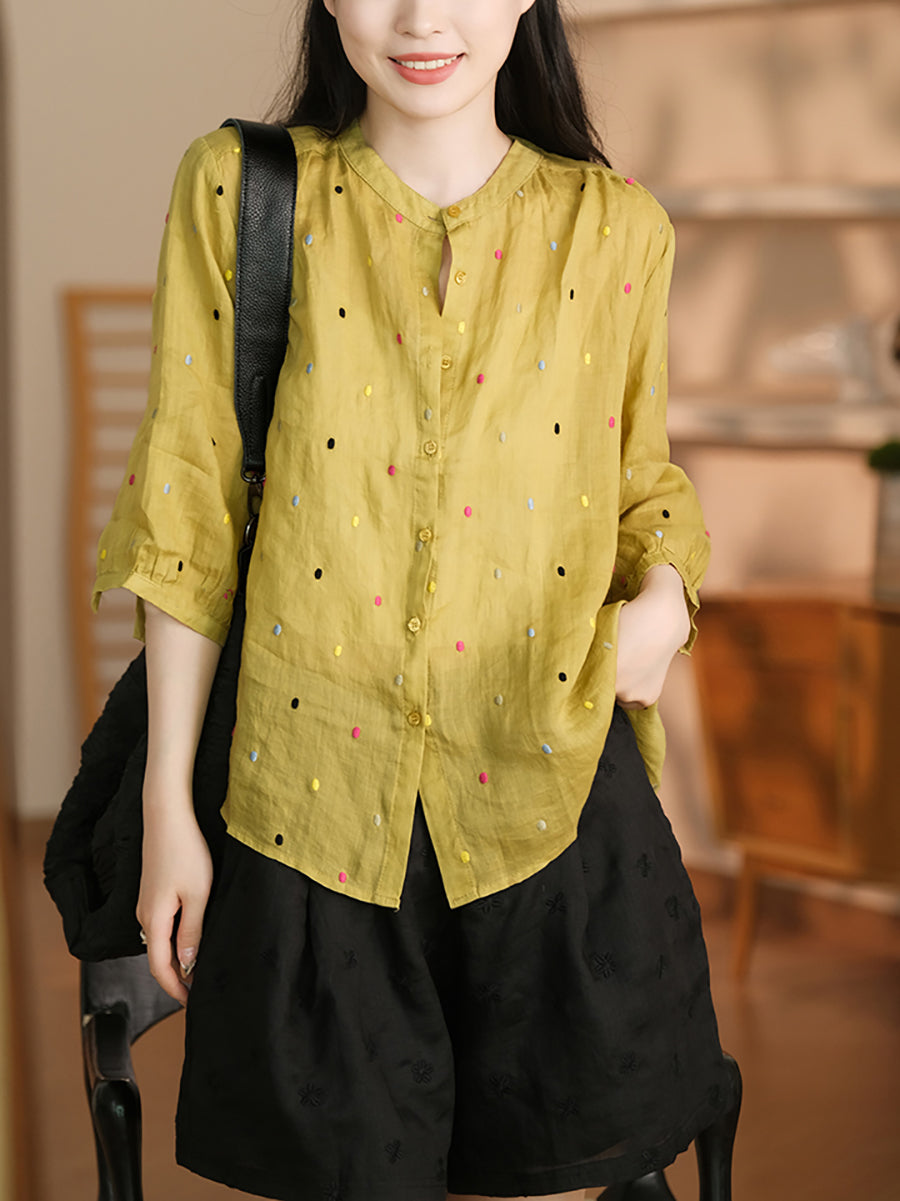 Summer Artsy Colorful Dot Button-up Ramie Shirt