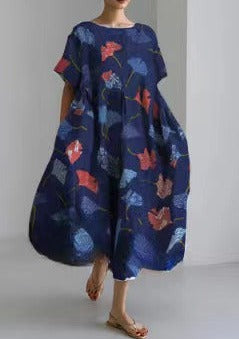 Blue Ginkgo Leaves Dresses Pockets Patchwork Summer