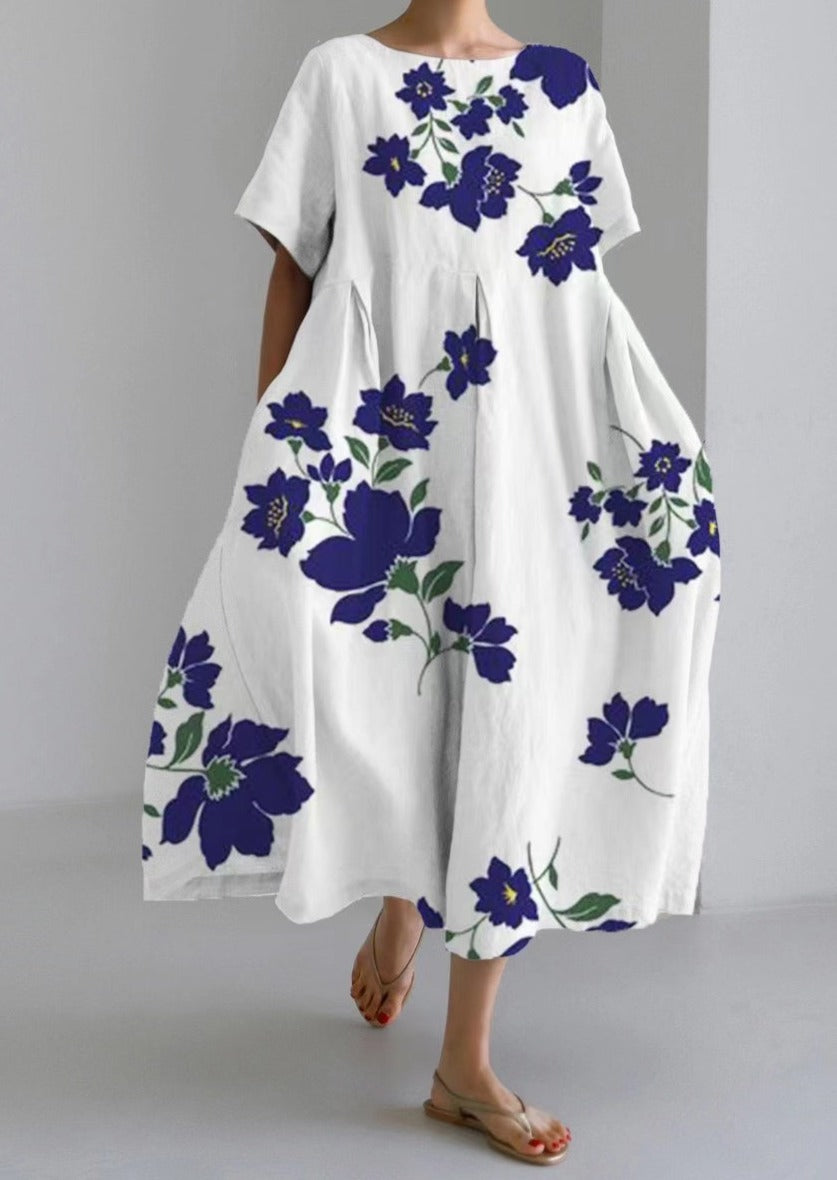 White Blue Flower Cotton Dresses Pockets Patchwork Summer