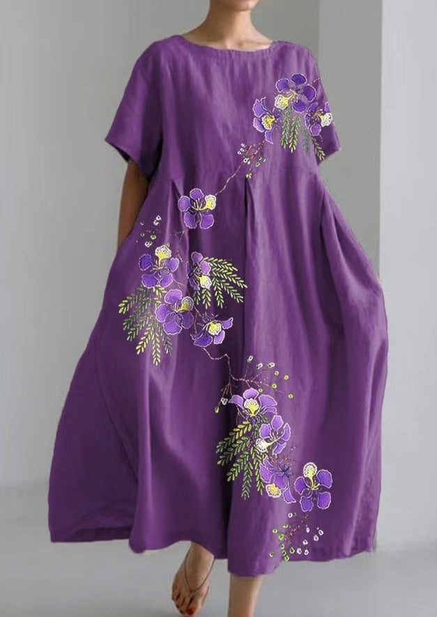 Purple Floral Cotton Dresses Pockets Patchwork Summer