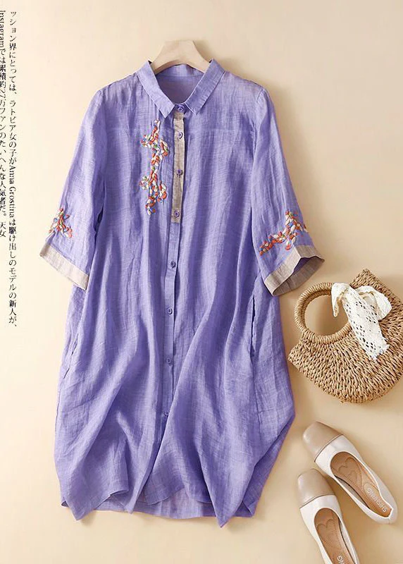 Fashion Pink Embroidered Patchwork Linen Shirt Dress Grace