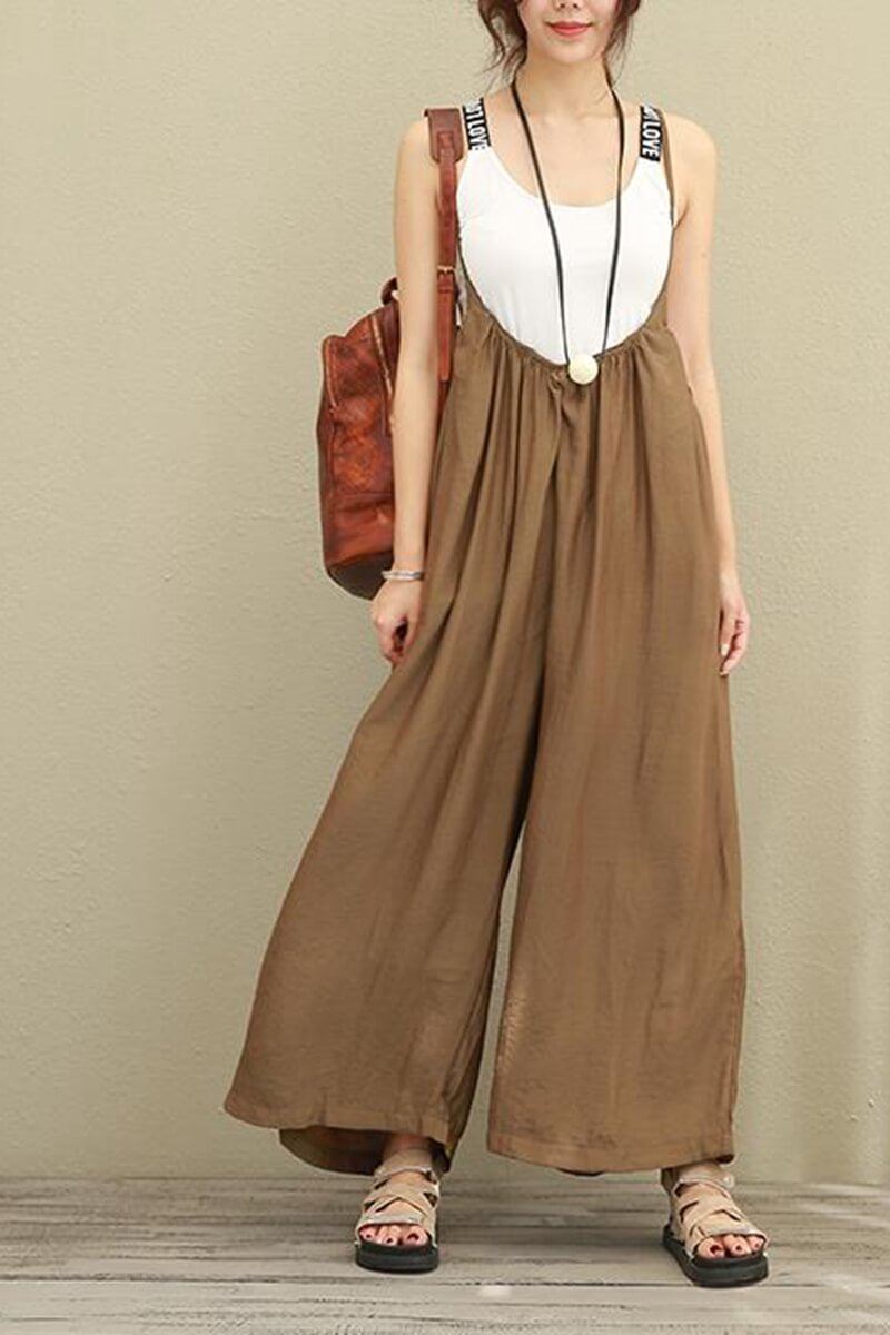 Brown Wide Leg Loose Cotton Overalls Women Clothes