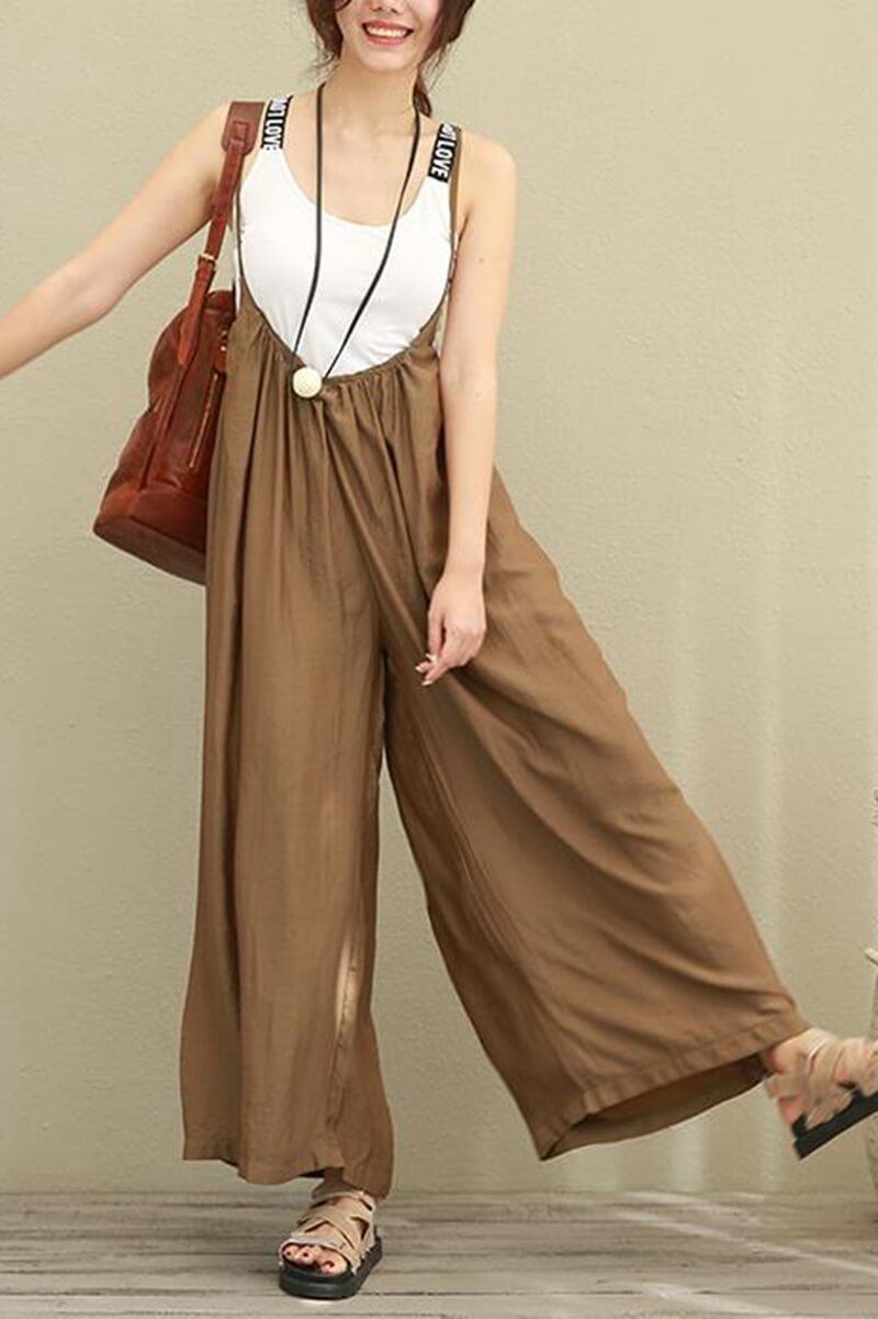 Brown Wide Leg Loose Cotton Overalls Women Clothes